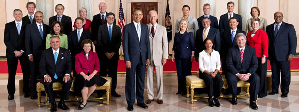 WASHINGTON, DC - JULY 26: In this handout provided by the White House, U.S. President Barack Obama and Vice President Joe Biden pose with the full Cabinet for an official group photo in the Grand Foyer of the White House, July 26, 2012 in Washington, DC. 
Seated, from left, are: Transportation Secretary Ray LaHood, Acting Commerce Secretary Rebecca Blank, U.S. Permanent Representative to the United Nations Susan Rice, and Agriculture Secretary Tom Vilsack. 

Standing in the second row, from left, are: Education Secretary Arne Duncan, Attorney General Eric H. Holder, Jr., Labor Secretary Hilda L. Solis, Treasury Secretary Timothy F. Geithner, Chief of Staff Jack Lew, Secretary of State Hillary Rodham Clinton, Defense Secretary Leon Panetta, Veterans Affairs Secretary Eric K. Shinseki, Homeland Security Secretary Janet Napolitano, and U.S. Trade Representative Ron Kirk.

Standing in the third row, from left, are: Housing and Urban Development Secretary Shaun Donovan, Energy Secretary Steven Chu, Health and Human Services Secretary Kathleen Sebelius, Interior Secretary Ken Salazar, Environmental Protection Agency Administrator Lisa P. Jackson, Office of Management and Budget Acting Director Jeffrey D. Zients, Council of Economic Advisers Chair Alan Krueger, and Small Business Administrator Karen G. Mills. (Photo by Chuck Kennedy/The White House via Getty Images)