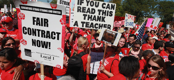 CHICAGO, IL &#8211; SEPTEMBER 15: Striking Chicago teachers and their supporters attend a rally at Union Park September 15, 2012 in Chicago, Illinois. An estimated 25,000 people gathered in the park in a show of solidarity as negotiations on a labor contract continue. Yesterday Chicago Teachers Union President Karen Lewis reported the &#8220;framework&#8221; for an agreement has been reached and union delegates are expected to decide tomorrow if they should end the strike. More than 26,000 teachers and support staff walked off of their jobs on September 10 after the union failed to reach an agreement with the city on compensation, benefits and job security. With about 350,000 students, the Chicago school district is the third largest in the United States. (Photo by Scott Olson/Getty Images)
