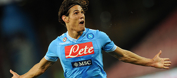 NAPLES, ITALY &#8211; SEPTEMBER 26: Edinson Cavani of Napoli celebrates after scoring the goal 3-0 during the Serie A match between SSC Napoli and S.S. Lazio at Stadio San Paolo on September 26, 2012 in Naples, Italy. (Photo by Giuseppe Bellini/Getty Images)
