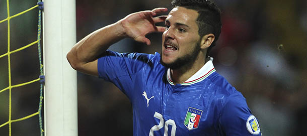 MODENA, ITALY - SEPTEMBER 11: Mattia Destro of Italy celebrates his goal during the FIFA 2014 World Cup qualifier match between Italy and Malta on September 11, 2012 in Modena, Italy. (Photo by Marco Luzzani/Getty Images)