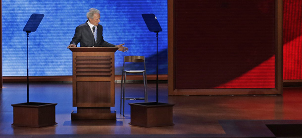 Actor Clint Eastwood talks to an empty chair during his address to the Republican National Convention in Tampa, Fla., on Thursday, Aug. 30, 2012. (AP Photo/J. Scott Applewhite)