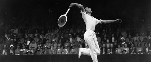 29th June 1936: British tennis player, Fred Perry in action against BH Grant in court number one at Wimbledon. (Photo by Hudson/Topical Press Agency/Getty Images)