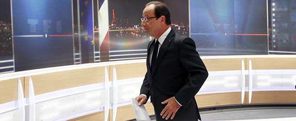 French President Francois Hollande leaves the studio after an interview during the evening broadcast news of French TV channel TF1 in Boulogne-Billancourt, a Paris western suburb, on September 9, 2012. AFP PHOTO POOL KENZO TRIBOUILLARD (Photo credit should read KENZO TRIBOUILLARD/AFP/GettyImages)