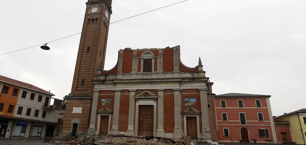 The San Paolo Church partially destroyed is seen in Mirabello, Italy, Sunday, May 20. 2012. A magnitude-5.9 earthquake shook northern Italy early Sunday, killing at least three people and toppling some buildings, emergency services and news reports said. The quake struck at 4:04 a.m. Sunday between Modena and Mantova, about 35 kilometers (22 miles) north-northwest of Bologna at a relatively shallow depth of 10 kilometers (6 miles), the U.S. Geological Survey said. (AP Photo/Luca Bruno)
