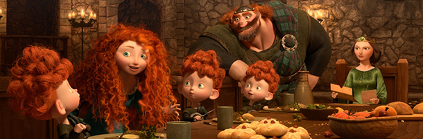?BRAVE? (L-R) MERIDA amongst the triplets: HARRIS, HUBERT and HAMISH; KING FERGUS and QUEEN ELINOR. Â©2011 Disney/Pixar. All Rights Reserved.