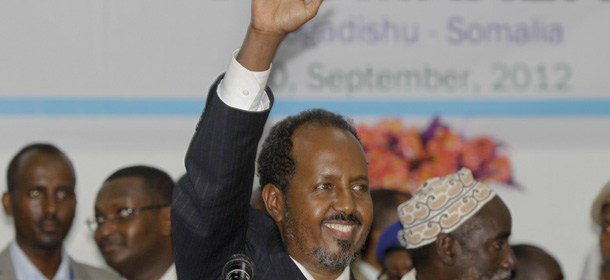 Somalia's new president Hassan Sheikh Mohamud, a political newcomer, speaks at a ceremony after being elected by the Parliament over outgoing President Sheik Sharif Sheikh Ahmed who conceded defeat, in Mogadishu, Somalia Monday, Sept. 10, 2012. Somalia's Parliament elected a new president of the country's fledgling government Monday, a move that members of the international community say is a key step toward the east African nation's transition from a war-torn failed state to a nation with an effective government. (AP Photo/Farah Abdi Warsameh)