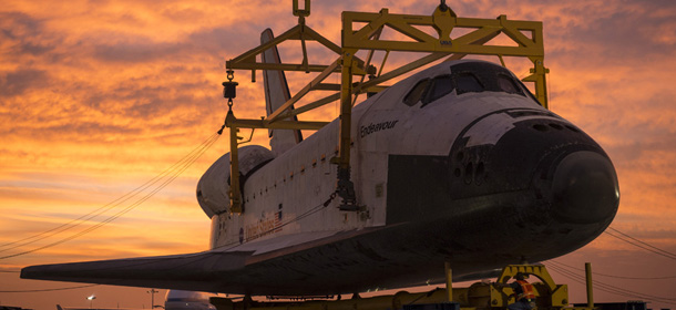 LOS ANGELES, CA &#8211; SEPTEMBER 22: In this handout provided by NASA, the Over Land Transporter is mated to the space shuttle Endeavour not long after Endeavour was demated from Nasa&#8217;s Shuttle Carrier Aircraft or SCA on September 22, 2012 at Los Angeles International Airport in Los Angeles, California. Endeavour, built as a replacement for space shuttle Challenger, completed 25 missions, spent 299 days in orbit, and orbited Earth 4,671 times while traveling 122,883,151 miles. Beginning October 30, the shuttle will be on display in the California Science center&#8217;s Samuel Oschin Space Shuttle Endeavour Display Pavilion. (Photo by Bill Ingalls/NASA via Getty Images)
