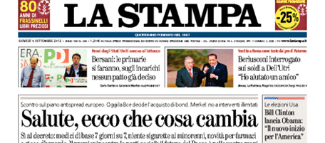 Le prime pagine di giovedì 6 settembre 2012