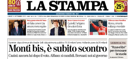 Le prime pagine di lunedì 10 settembre 2012