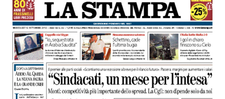 Le prime pagine di mercoledì 12 settembre 2012