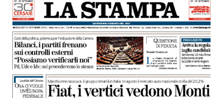 Le prime pagine di mercoledì 19 settembre 2012
