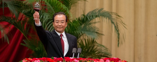 China&#8217;s Premier Wen Jiabao raises his glass as he makes a toast during the 63rd National Day reception at the Great Hall of the People on September 29, 2012. China&#8217;s Premier Wen Jiabao called on September 29 for the Chinese to unite in support of the Communist Party and outgoing President Hu Jintao, ahead of a pivotal congress to usher in new leadership. AFP PHOTO / Ed Jones (Photo credit should read Ed Jones/AFP/GettyImages)
