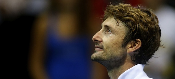 Spain&#8217;s Juan Carlos Ferrero reacts as he says farewell during the Open 500 Valencia at the Agora space in Valencia, on October 23, 2012. AFP PHOTO/ JOSE JORDAN (Photo credit should read JOSE JORDAN/AFP/Getty Images)
