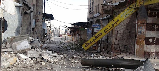 In this picture taken on Saturday, Oct. 13, 2012, citizen journalism image provided by Edlib News Network, ENN, which has been authenticated based on its contents and other AP reporting, a damaged street from the shelling of forces loyal to Syria&#8217;s President Bashar Assad, in Maarat al-Numan town, in Idlib province, northern Syria. (AP Photo/Idlib News Network ENN)
