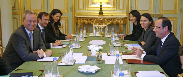 Google chairman Eric Schmidt, left, meets with French President Francois Hollande, right, at the Elysee Palace, in Paris, Monday, Oct. 29, 2012. Second from right is French culture minister Aurelie Filippetti. (AP Photo / Remy de la Mauviniere, Pool)
