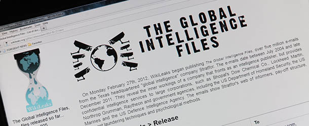 This February 27, 2012 photo shows a screen from the Internet site Wikileaks. Wikileaks, which triggered an earthquake in 2010 in world diplomacy, said Monday it has begun the publication of more than five million emails to the American private intelligence and Stratfor strategic Analysis. Electronic messages, which spread from July 2004 to December 2011, reveal employment by Stratfor &#8220;networks of informants, payment structures of bribes, wine, money laundering techniques and methods of psychological &#8220;said a statement from Wikileaks. &#8220;The documents show how a private company working in information and how it targets individuals for their private and government customers,&#8221; the statement added. AFP PHOTO/Karen BLEIER (Photo credit should read KAREN BLEIER/AFP/Getty Images)
