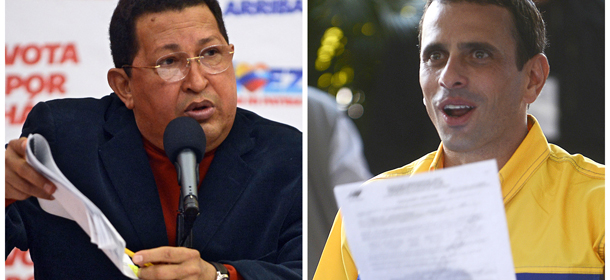 Photo combination showing Venezuelan President Hugo Chavez(L) during a press conference in Caracas on September 11, 2012 and Venezuelan opposition leader Henrique Capriles Radonski before registering in the National Electoral Center for the upcoming presidential election, in Caracas on June 10, 2012. According with September 25, 2012 opinion poll from Venezuelan pollster company Datanalisis Hugo Chavez would obtain 49,4 percent of the votes in next October 7 national elections and Henrique Capriles 39 percent, with 11,6 percent of undecided voters. AFP PHOTO/JUAN BARRETO (Photo credit should read JUAN BARRETO/AFP/GettyImages)
