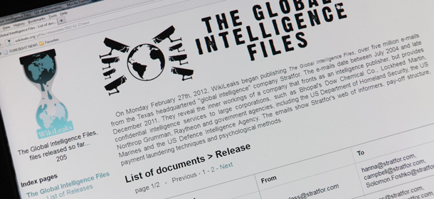 This February 27, 2012 photo shows a screen from the Internet site Wikileaks. Wikileaks, which triggered an earthquake in 2010 in world diplomacy, said Monday it has begun the publication of more than five million emails to the American private intelligence and Stratfor strategic Analysis. Electronic messages, which spread from July 2004 to December 2011, reveal employment by Stratfor &#8220;networks of informants, payment structures of bribes, wine, money laundering techniques and methods of psychological &#8220;said a statement from Wikileaks. &#8220;The documents show how a private company working in information and how it targets individuals for their private and government customers,&#8221; the statement added. AFP PHOTO/Karen BLEIER (Photo credit should read KAREN BLEIER/AFP/Getty Images)
