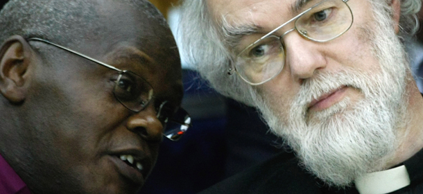 LONDON &#8211; FEBRUARY 12: The Archbishop of York, John Sentamu (L) and the Archbishop of Canterbury, Rowan Williams speak to each other during the General Synod February Session on February 12, 2008 in London, England. The Archbishop of Canterbury today attended the second day of the February sessions of the General Synod. (Photo by Daniel Berehulak/Getty Images)
