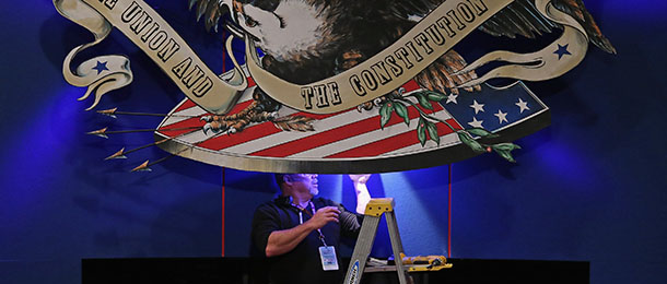 DANVILLE, KY &#8211; OCTOBER 10: A production crew member adjusts lighting head of Thursday&#8217;s vice presidential debate at Centre College October 10, 2012 in Danville, Kentucky. Vice President Joe Biden and Republican vice presidential nominee Rep. Paul Ryan (R-WI) will participate in the one and only vice presidential debate of the election on Thursday. (Photo by Chip Somodevilla/Getty Images)
