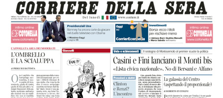 Le prime pagine di lunedì 1 ottobre 2012