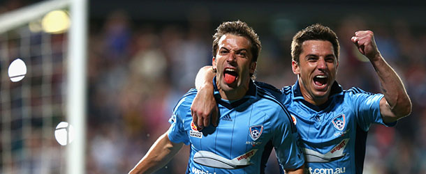SYDNEY, AUSTRALIA &#8211; OCTOBER 20: Alessandro Del Piero of Sydney FC celebrates with Krunoslav Lovrek of Sydney FC after Del Piero scored his team&#8217;s first goal during the round three A-League match betwen the Western Sydney Wanderers and Sydney FC at Parramatta Stadium on October 20, 2012 in Sydney, Australia. (Photo by Ryan Pierse/Getty Images)
