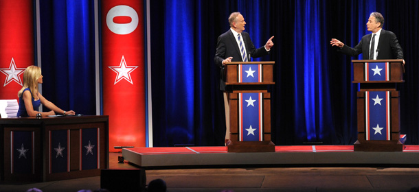 WASHINGTON, DC &#8211; OCTOBER 06: (EXCLUSIVE COVERAGE) (L-R) E.D. Hill, Bill O?Reilly and Jon Stewart attend O&#8217;Reilly Vs. Stewart 2012: The Rumble In The Air-Conditioned Auditorium at Lisner Auditorium at George Washington University on October 6, 2012 in Washington, DC. (Photo by Jamie McCarthy/Getty Images for The Rumble 2012)
