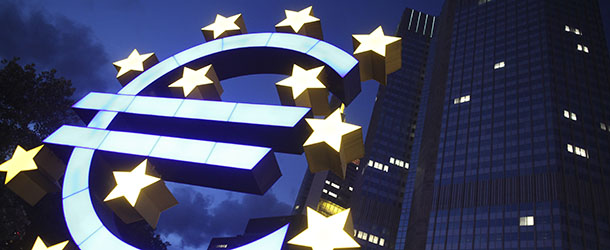 FRANKFURT AM MAIN, GERMANY &#8211; JUNE 21: A Euro logo stands in front of the headquarters of the European Central Bank (ECB) on June 21, 2011 in Frankfurt am Main, Germany. Eurozone finance ministers are currently seeking to find a solution to Greece&#8217;s pressing debt problems, including the prospect of the country&#8217;s inability to meet its financial obligations unless it gets a fresh, multi-billion Euro loan by July 1. Greece&#8217;s increasing tilt towards bankruptcy is rattling worldwide financial markets, and leading economists warn that bankruptcy would endanger the stability of the Euro and have dire global consequences. (Photo by Ralph Orlowski/Getty Images)
