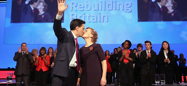 MANCHESTER, ENGLAND &#8211; OCTOBER 02: Labour Party leader Ed Miliband kisses his wife Justine Thornton after delivering his keynote speech to delegates during the annual Labour Party Conference on October 02, 2012 in Manchester, England. During his speech Mr. Miliband announced a series of proposals for changes to the education system, unveiling plans for a new qualification in the form of a technical baccalaureate, and pledging to transform the lives of the &#8216;forgotten&#8217; 50% of young people who do not go to university. (Photo by Christopher Furlong/Getty Images)
