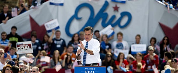 PORTSMOUTH, OH &#8211; OCTOBER 13: Republican presidential candidate, former Massachusetts Gov. Mitt Romney speaks to a crowd at Shawnee State University on October 13, 2012 in Portsmouth, Ohio. The Romney and Obama campaigns have been concentrating their efforts on Ohio to gain more supporters as Election Day approaches. (Photo by Ty Wright/Getty Images)
