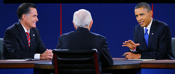 U.S. President Barack Obama (R) debates with Republican presidential candidate Mitt Romney at the Keith C. and Elaine Johnson Wold Performing Arts Center at Lynn University on October 22, 2012 in Boca Raton, Florida. The focus for the final presidential debate before Election Day on November 6 is foreign policy.
