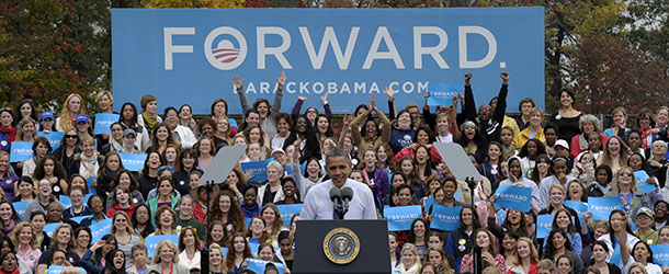 The crowd responds as President Barack Obama talks about &#8220;Romnesia&#8221; and the choice facing women in the election during a campaign event at George Mason University in Fairfax, Va., Friday, Oct. 19, 2012. (AP Photo/Susan Walsh)
