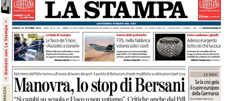 Le prime pagine di lunedì 22 ottobre 2012