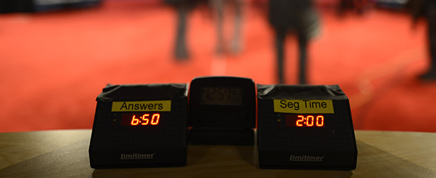 Time limit timers on the table for the debate ofMitt Romney and US President Barack Obama during a rehearsal for the second US presidential debate to be held at the David Mack Center at Hofstra University in Hempstead, New York, October 15, 2012. US President Barack Obama and Republican Presidential candidate Mitt Romney will face off Tuesday in a town-hall style debate with undecided voters asking questions of the two candidates. AFP PHOTO / TIMOTHY A. CLARY (Photo credit should read TIMOTHY A. CLARY/AFP/GettyImages)
