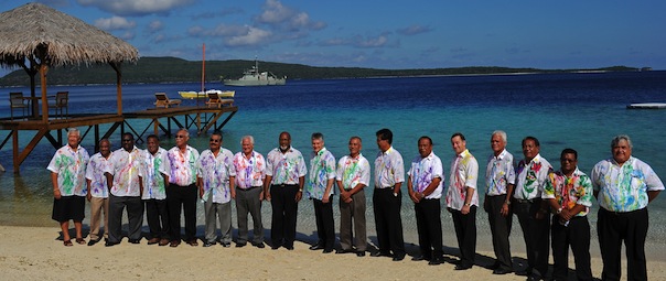 (L to R) Secretary General of the Pacific Islands Forum Secretariat Tuiloma Neroni Slade of Samoa, Vanuatu Foreign Minister Sato Killman, Papua New Guinea&#8217;s Planning Minister Paul Tiersten, Solomon Islands special envoy Paul Tovua, Niue Premier Toke Tufukia Talagi, Palau President Johnson Toribiong, Tongan Prime Minister Feleti Vaka&#8217;uta Sevele, Vanuatu Prime Minister Nipake Edward Natapei Tutafanua&#8217; Ariki, Australian Foreign Minister Stephen Smith, Kiribati President Anote Tong, Federated States of Micronesia President Emanuel Mori, Marshall Islands President Jurelang Zedkaia, New Zealand Prime Minister John Key, Cook Islands Prime Minister Jim Marurai, Tuvalu Foreign Minister Lutelu Faavae, President of Nauru Marcus Stephen, and Samoan Prime Minister Tuilaepa Sailele Malielegaoi pose for the official photo of the 41st Pacific Islands Forum leaders&#8217; retreat in Port Havannah on Efate on August 5, 2010. The leaders from 15 member states are meeting in Vanuatu to discuss the military dictatorship in Fiji, climate change and security issues. AFP PHOTO / Torsten BLACKWOOD (Photo credit should read TORSTEN BLACKWOOD/AFP/Getty Images)
