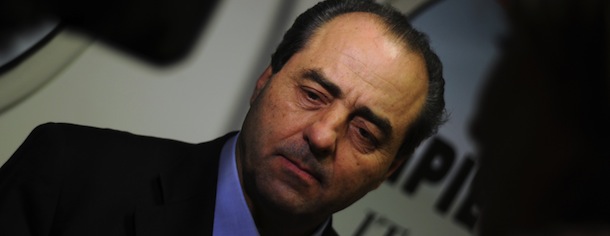 Head of the Italy of Values party (Italia dei Valori), Antonio di Pietro, listens during an interview with an AFP journalist on February 15, 2012 in Rome. Di Pietro is the former prosecutor of the &#8216;Mani Pulite&#8217; (clean hands) campaign, a judicial investigation into political corruption in the 1990s. AFP PHOTO / GABRIEL BOUYS (Photo credit should read GABRIEL BOUYS/AFP/Getty Images)
