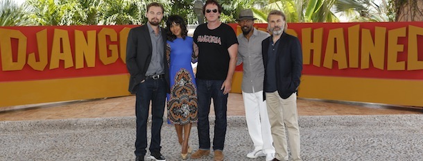 CANCUN &#8211; April 15: In this handout image provided by Sony, Leonardo DiCaprio, Kerry Washington, Quentin Tarantino, Jamie Foxx and Christoph Waltz attend the &#8220;Django Unchained&#8221; photo call at Summer of Sony 4 Spring Edition held at The Ritz Carlton Hotel on April 15, 2012 in Cancun, Mexico. (Photo by Matt Dames/Sony via Getty Images)
