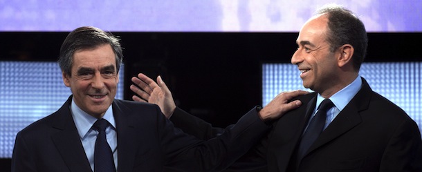 The two candidates to take over the leadership of France&#8217;s major opposition, the Union for a Popular Majority (UMP), former Prime minister Francois Fillon (L) and outgoing UMP general secretary Jean-Francois Cope pose prior to take part in a debate during the political TV show &#8220;Des paroles et des actes&#8221;, on October 25, 2012 on a set of French TV France 2. AFP PHOTO MIGUEL MEDINA (Photo credit should read MIGUEL MEDINA/AFP/Getty Images)
