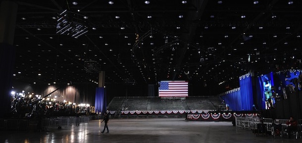 The stage and hall where US President Barack Obama will speak is empty early on election night November 6, 2012 in Chicago, Illinois. AFP PHOTO / Robyn Beck (Photo credit should read ROBYN BECK/AFP/Getty Images)
