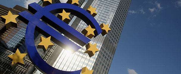 FRANKFURT AM MAIN, GERMANY &#8211; APRIL 09: A huge euro logo stands in front of the headquarters of the European Central Bank (ECB) on April 9, 2009 in Frankfurt am Main, Germany. The city of Frankfurt, seat of the European Central Bank (ECB), the Frankfurt stock exchange and several large banks, is the financial centre of Germany. (Photo by Ralph Orlowski/Getty Images)
