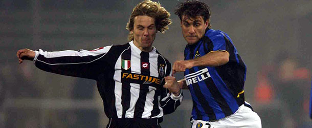 TURIN &#8211; MARCH 2: Pavel Nedved of Juventus and Christian Vieri of Inter Milan in action during the Serie A match between Juventus and Inter Milan, played at the Stadio Delle Alpi on March 2, 2003. (Photo by Grazia Neri/Getty Images)
