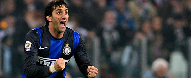 Inter Milan&#8217;s Argentinian forward Diego Alberto Milito celebrates after scoring a penalty against Juventus on November 3, 2012 during a Serie A football match at the Juventus Stadium in Turin. AFP PHOTO / GIUSEPPE CACACE (Photo credit should read GIUSEPPE CACACE/AFP/Getty Images)
