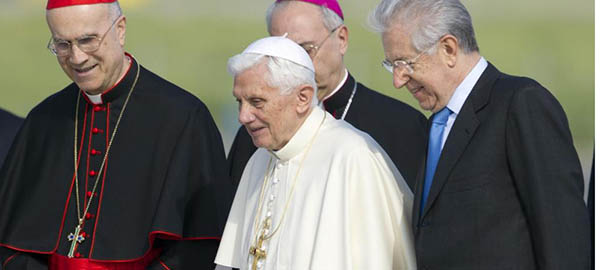 Foto LaPressecronaca23 03 2012 RomaSS Papa Benedetto XVI parte per Cuba e MessicoNella Foto il papa con il cardinale Tarcisio Bertone, e Mario Monti all &#8216;aeroporto Fiumicino Pope Benedict XVI, flanked by Vatican secretary of state Cardinal Tarcisio Bertone, left, and Italian Premier Mario Monti , arrives at Rome Fiumicino international airport to board a plane on his way to a six-day visit to Mexico and Cuba, Friday, March 23, 2012. Pope Benedict XVI has used a cane oÌ apparently for the first time in public oÌ for about 100 meters (yards) to the foot of the Alitalia plane from the helicopter which flew him from the Vatican to Rome&#8217;s Leonardo da Vinci airport.
