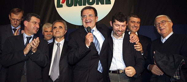 From left, Piero Fassino, Vannino Chiti, Arturo Parisi, Romano Prodi, Ivan Scarfellotto, Alfonso Pecoraro Scanio and Armando Cossutta during a press conference at the end of center-left coalition primary elections in Rome, Sunday, Oct. 16, 2005. Center-left partisans voted Sunday to select a candidate for premier in next year&#8217;s election, with former Premier Romano Prodi widely expected to get the nomination. (AP Photo/Sandro Pace)
