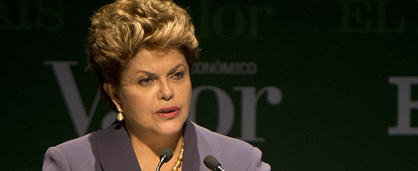 Brazil&#8217;s President Dilma Rousseff gives a speech during a conference with political leaders and businessmen at the Royal Theatre in Madrid on November 19, 2012. AFP PHOTO/ JAVIER SORIANO (Photo credit should read JAVIER SORIANO/AFP/Getty Images)
