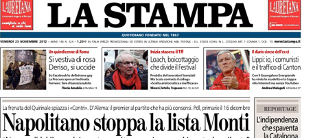 Le prime pagine di venerdì 23 novembre 2012