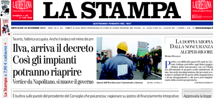 Le prime pagine di mercoledì 28 novembre 2012