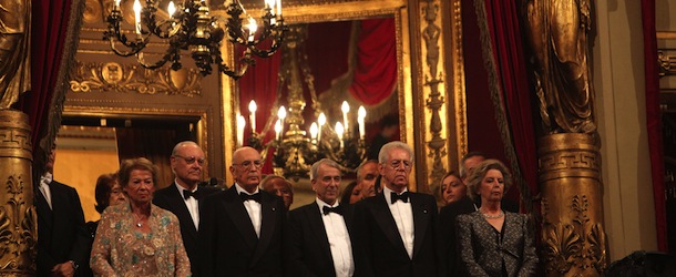 (From L) Italy&#8217;s first lady Clio Napolitano, President Giorgio Napolitano, Milan&#8217;s mayor Giuliano Pisapia, Prime Minister Mario Monti and wife Elsa take place to attend Don Giovanni, opening the 2011-2012 season of La Scala opera house on December 7, 2011 in Milan. Mozart&#8217;s Don Giovanni is conducted by the new musical director of La Scala, Israeli-Canadian Daniel Barenboim and staged by Canadian Robert Carsen. AFP PHOTO / GIUSEPPE ARESU (Photo credit should read GIUSEPPE ARESU/AFP/Getty Images)

