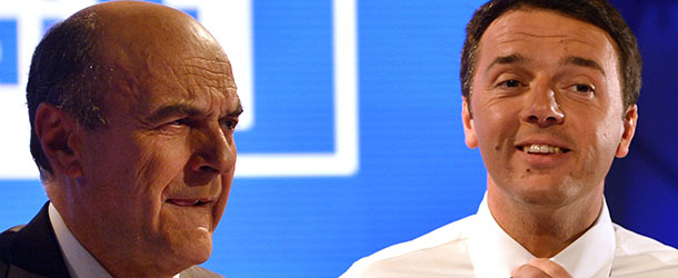 Italian centre-left Democratic Party chief Pier Luigi Bersani (L) and Florence&#8217;s mayor Matteo Renzi, pose prior their television face off at Italian television RAI in Rome on November 28. 2012. A second ballot vote is set on December 2, 2012 for supporters to chose their nominee for next year&#8217;s general election. AFP PHOTO / ALBERTO PIZZOLI (Photo credit should read ALBERTO PIZZOLI/AFP/Getty Images)
