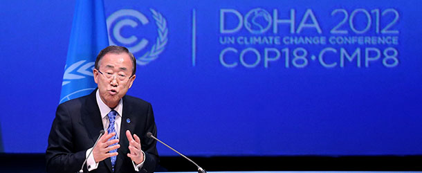 United Nations Secretary General Ban Ki-moon talks during the opening ceremony of the United Nations Framework Convention on Climate Change (UNFCCC) in Doha on December 4, 2012. Ki-moon said the world was faced by a global warming &#8220;crisis&#8221; and urged bickering negotiators at climate talks in Doha to show &#8220;strong political commitment&#8221; and compromise. AFP PHOTO / AL-WATAN DOHA / KARIM JAAFAR == QATAR OUT == (Photo credit should read KARIM JAAFAR/AFP/Getty Images)
